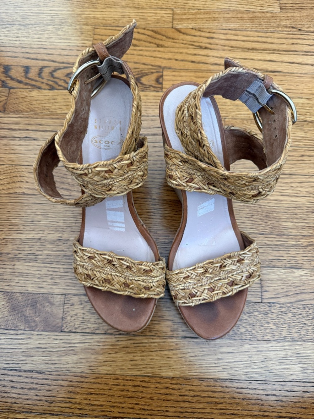 Stuart Weitzman Braided Straw Ankle-Strap Sandals in Natural Brown